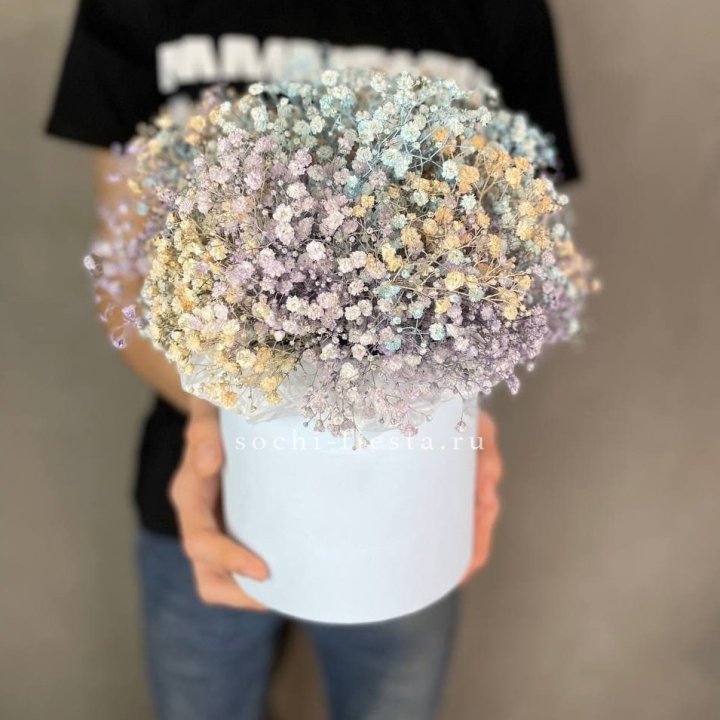 9 Радужных гипсофил в шляпной коробке в Рыбинске