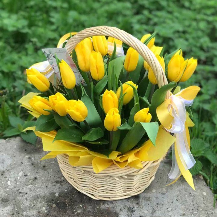 25 желтых тюльпанов в корзине в Рыбинске